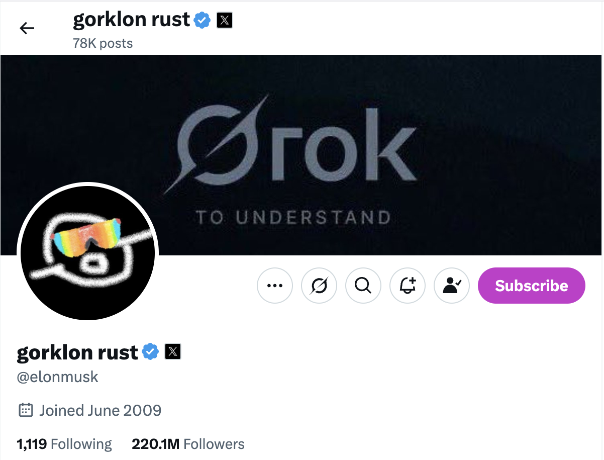 Elon Musk Triggers Meme Coin Rally With ‘Gorklon Rust’ Rebranding on X